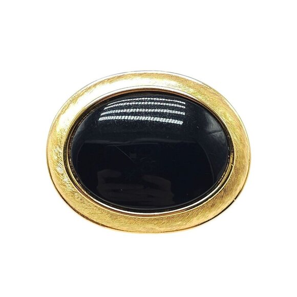 Vintage Gold Tone Oval Brooch With Black Enamel Center 2 Inches Pinback - Picture 1 of 5